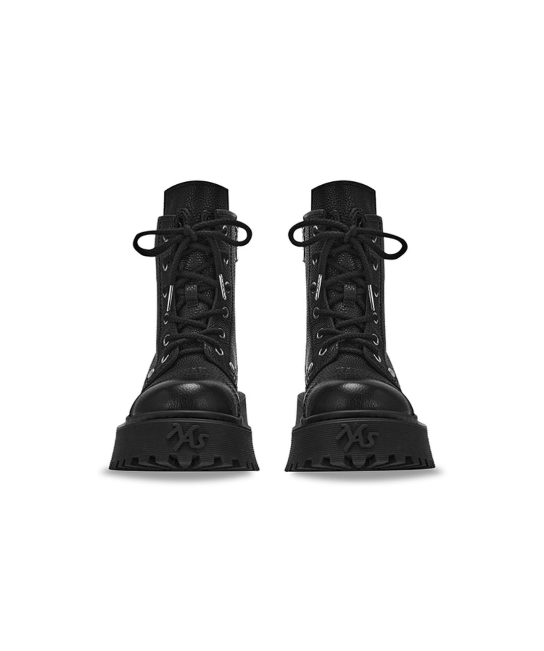 NAWS KNIGHT leather platform lace-up boots in MOORE BLACK — front shoe-only view showing laces and rounded toes.