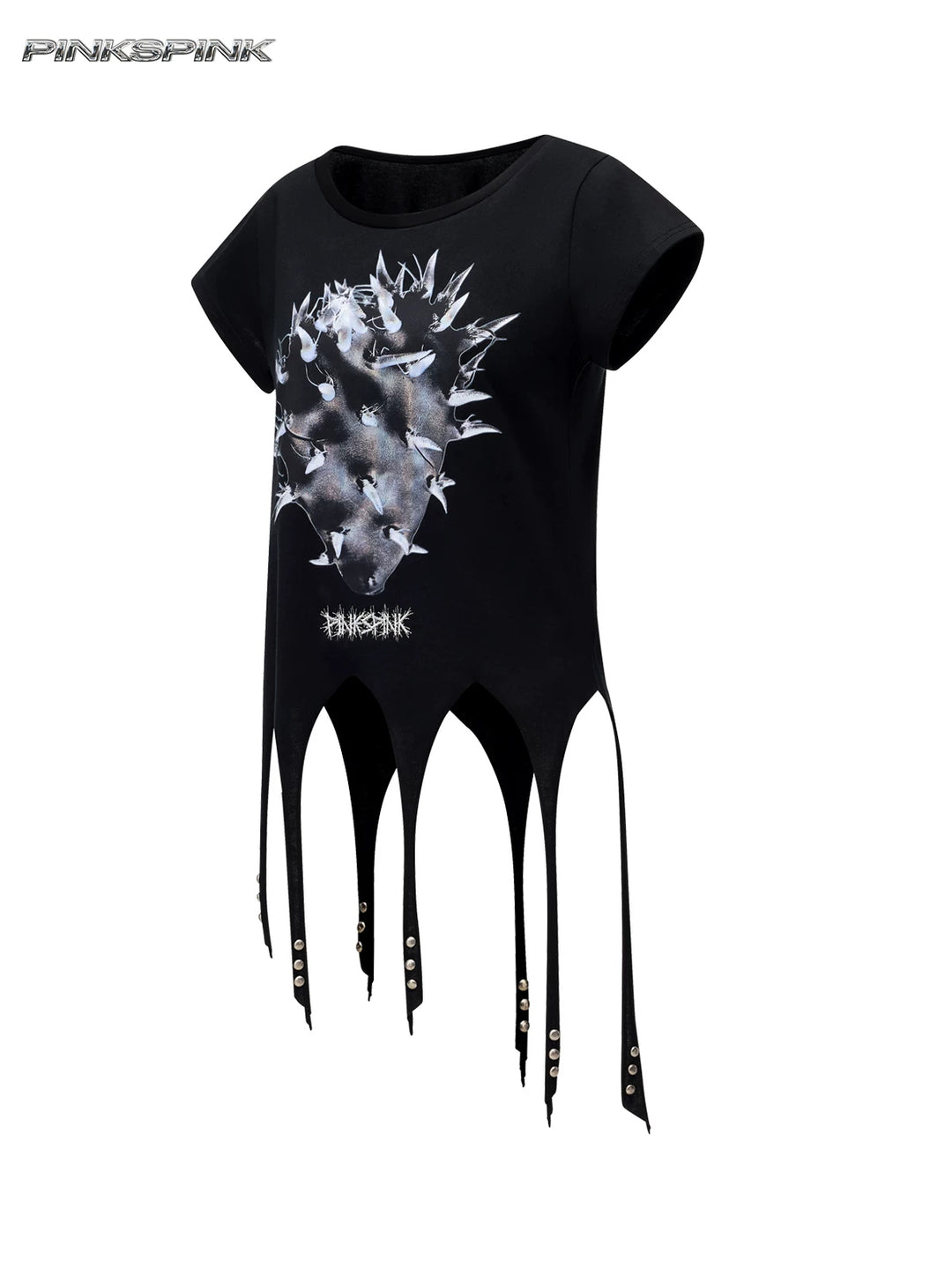 PINKSPINK PUNK CACTUS studded pointed-hem tee in black — angled garment-only front view showing the long studded points at the hem