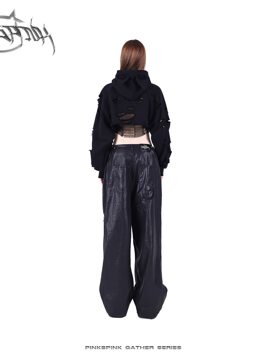 PINKSPINK GEOMETRY open-mesh crop tee in black — rear styling view with the separate hood lowered