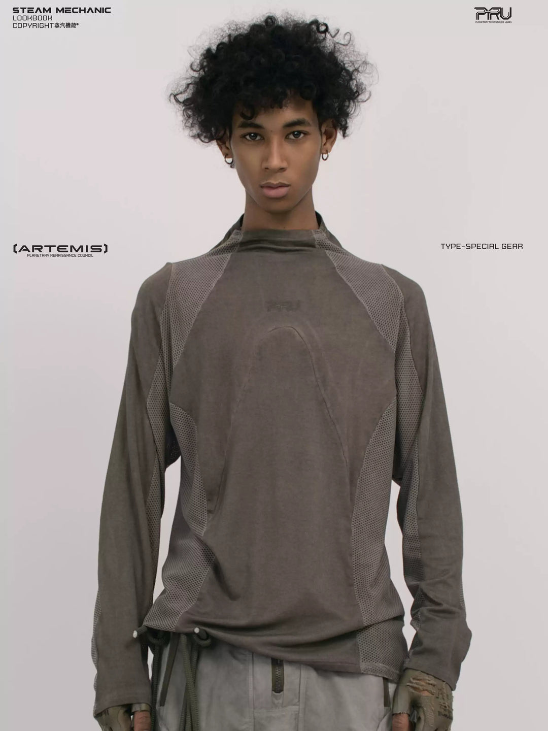 STARCORE mesh-panel long-sleeve top in xirang brown — front modeled view showing the raised collar and curved mesh panels