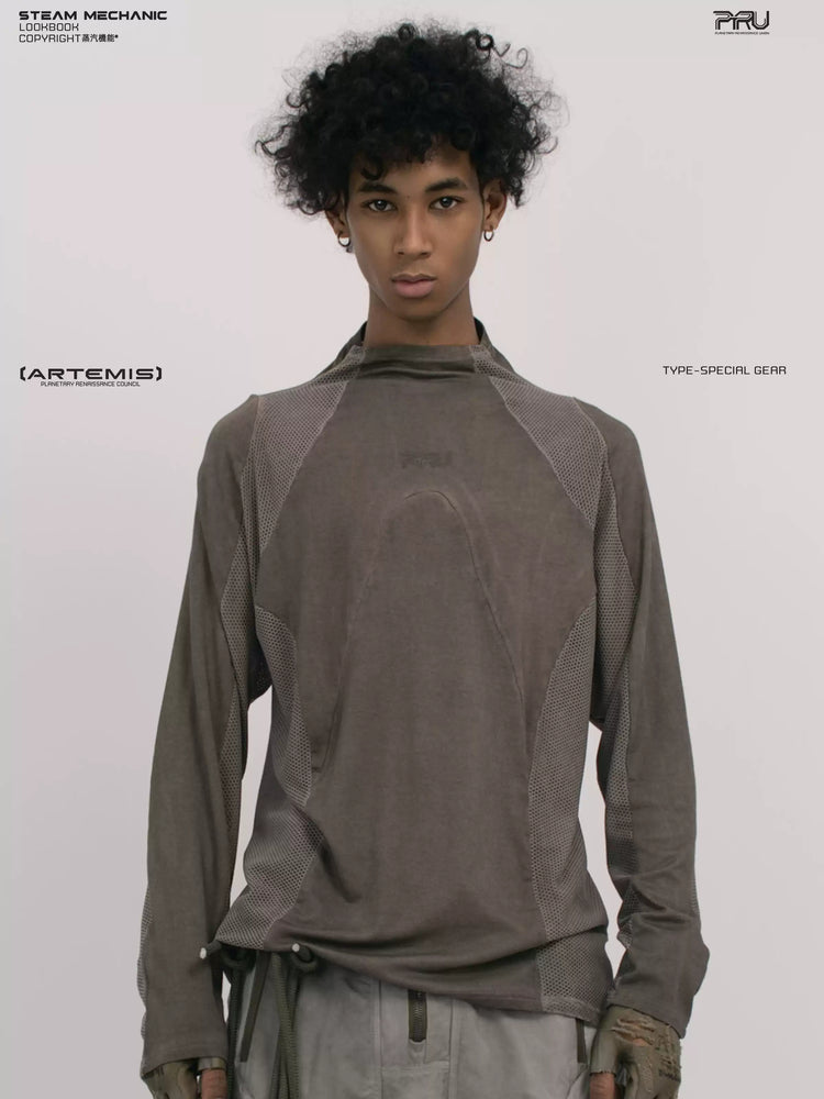 STARCORE mesh-panel long-sleeve top in xirang brown — front modeled view showing the raised collar and curved mesh panels