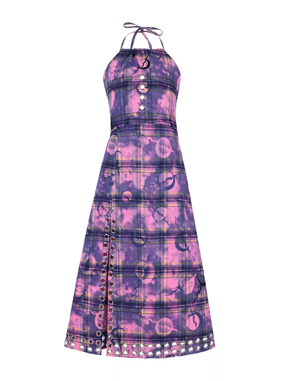 PINKSPINK WASTELAND eyelet plaid halter dress in pink purple — front garment-only view of the plaid halter dress
