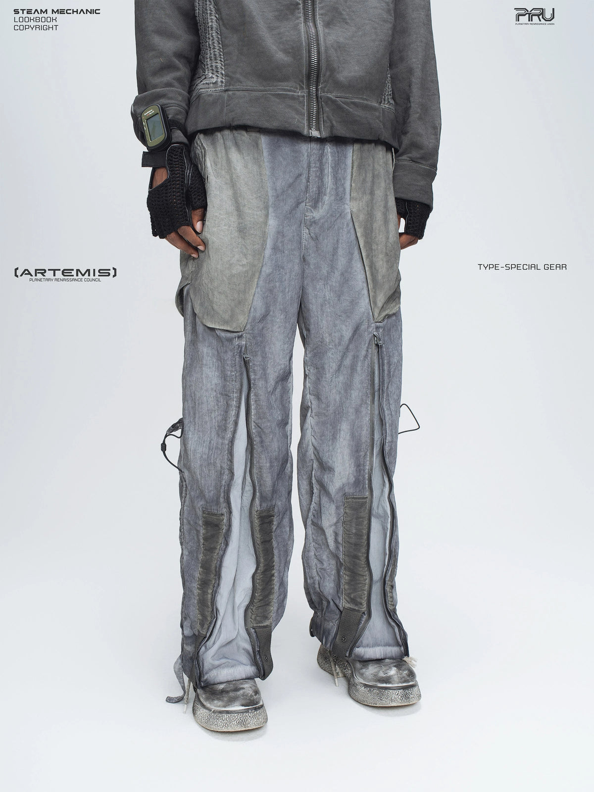 STARCORE moon dust gray engineer utility pants — construction detail