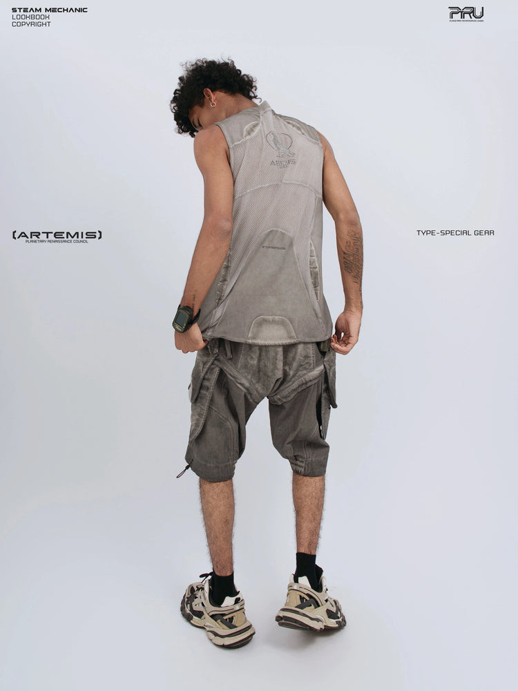 AEGIS lunar sea gray distressed mesh tank — full-length rear three-quarter modeled view looking down