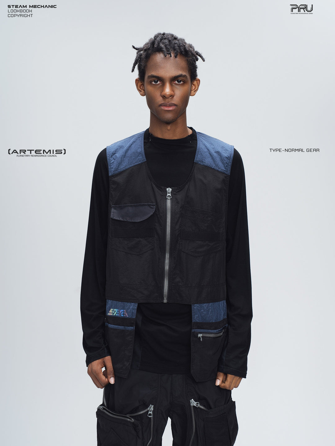 PIONEER stardust black multi-pocket technical vest — front modeled product view