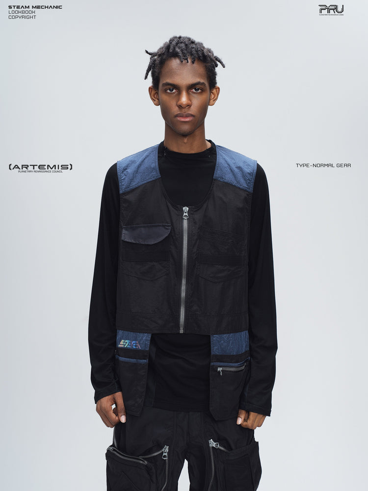 PIONEER stardust black multi-pocket technical vest — front modeled product view