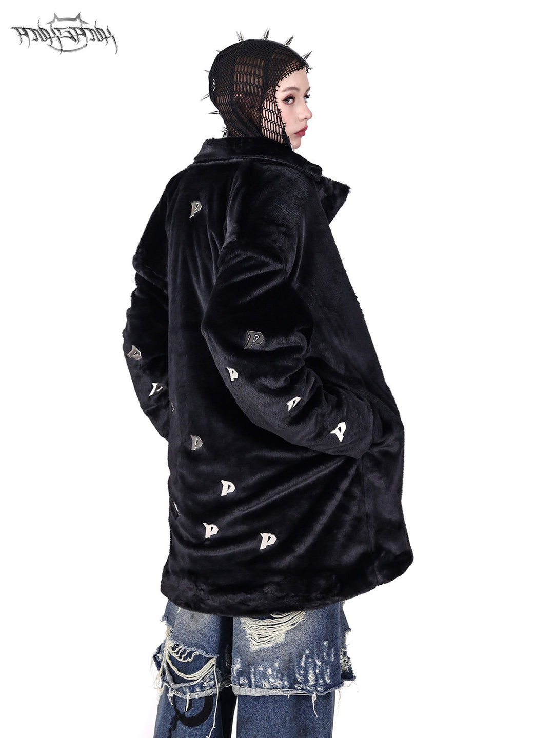 PINKSPINK ELECTRIC MOON spiked open-mesh zip hoodie in black — rear three-quarter styling view of the hood with a separate faux-fur jacket
