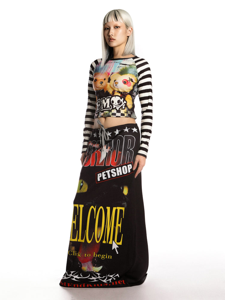 DeadEndKids Horror Petshop black graphic maxi skirt — angled full-length view