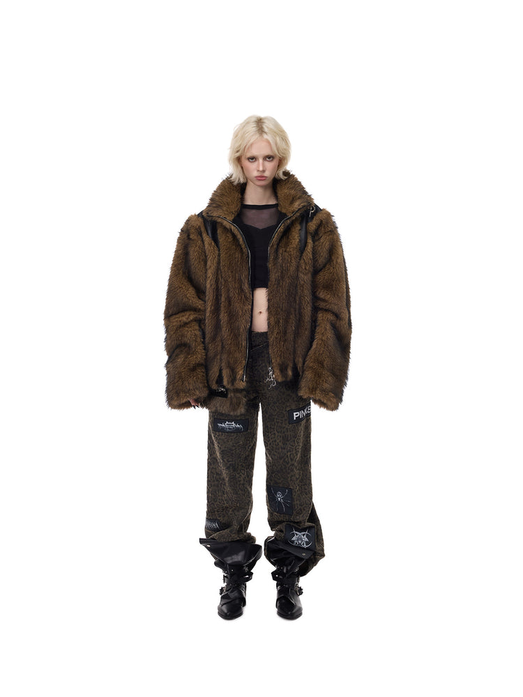 PINKSPINK LEOPARD RIOT detachable-pouch wide-leg pants — front full-length view with faux-fur outerwear