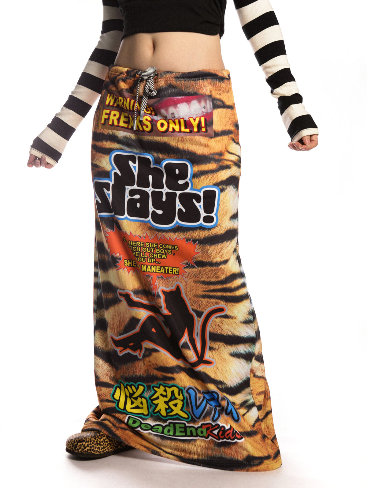 DEADENDKIDS TIGER RIOT graphic maxi skirt — alternate styled presentation
