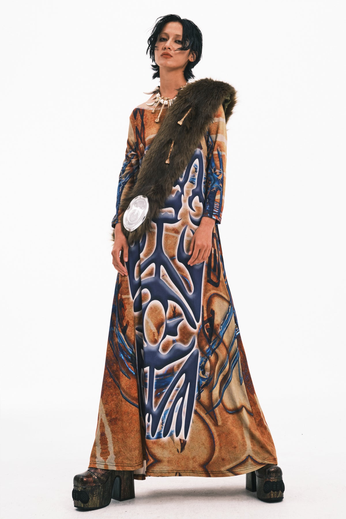 EMBRYO PRIMAL FUR convertible wrap & bag — close modeled view