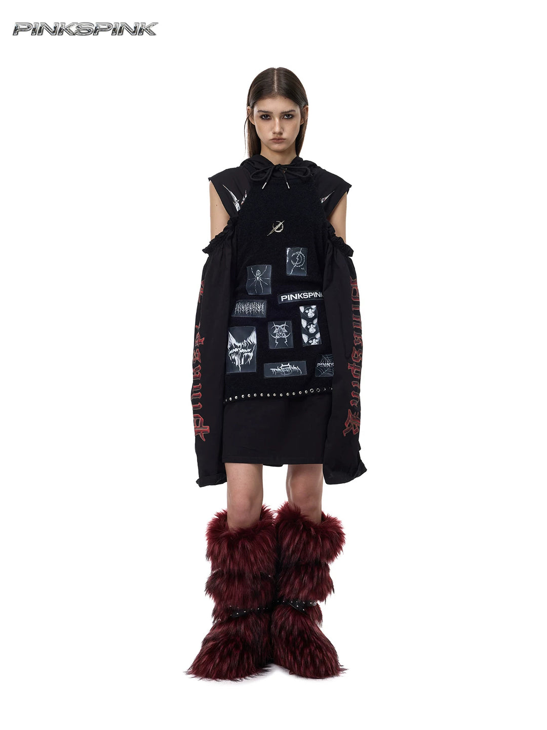 PINKSPINK ELECTRIC MOON patchwork knit layering apron — black front full-length view over black dress