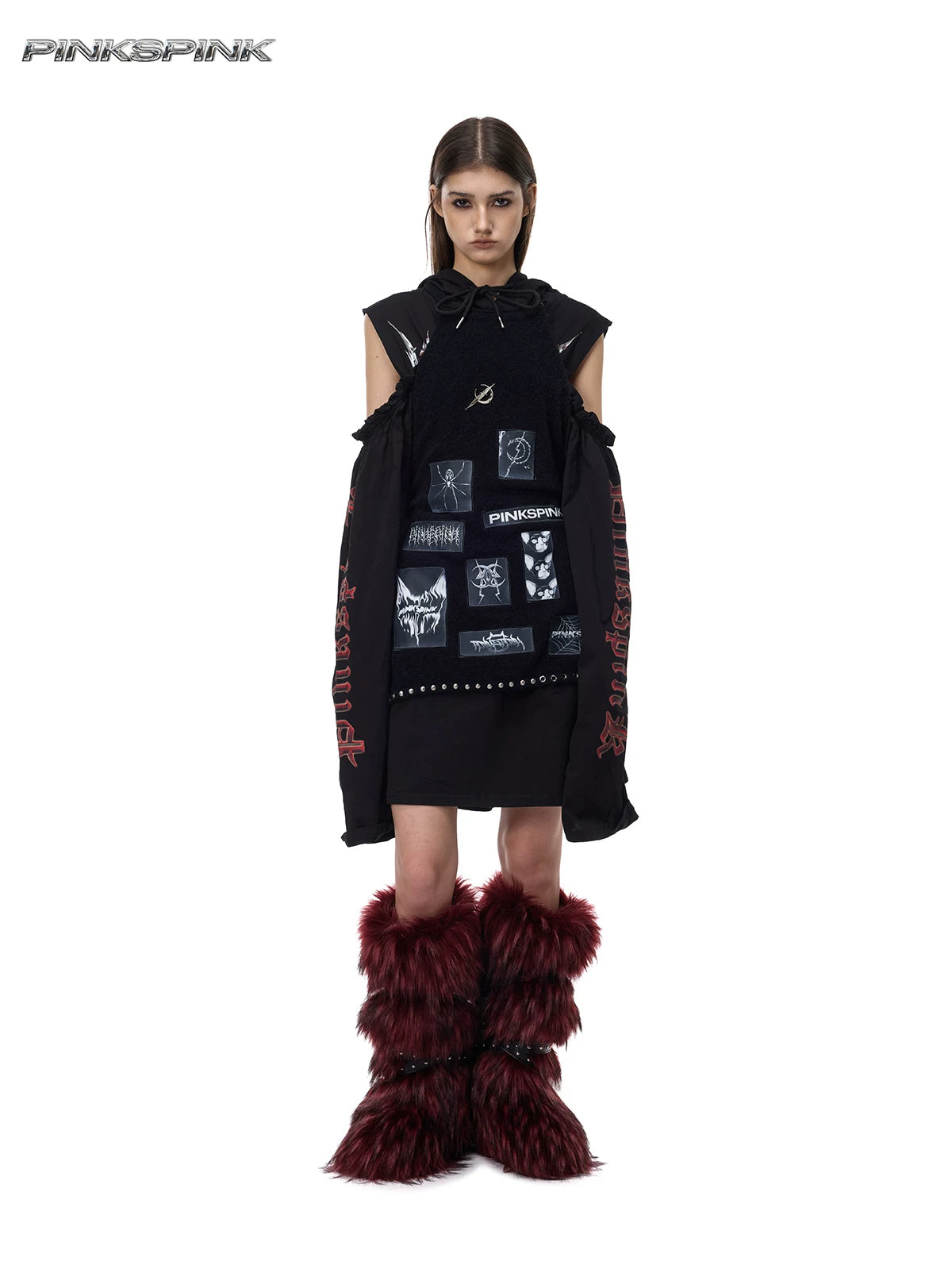 PINKSPINK ELECTRIC MOON patchwork knit layering apron — black front full-length view over black dress