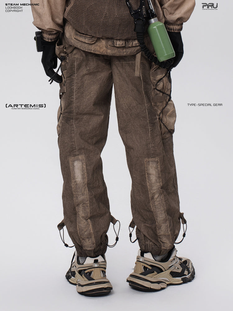 PIONEER gravel brown detachable-waist-bag work pants — construction detail