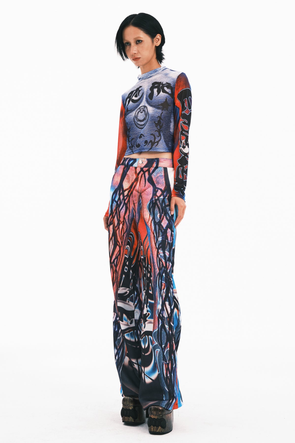 EMBRYO MYSTIC TOTEM fitted mesh crop top — full-length modeled styling view