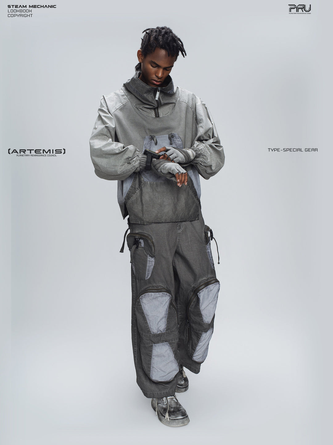 PIONEER moon dust gray welded multi-pocket work pants — material and silhouette detail