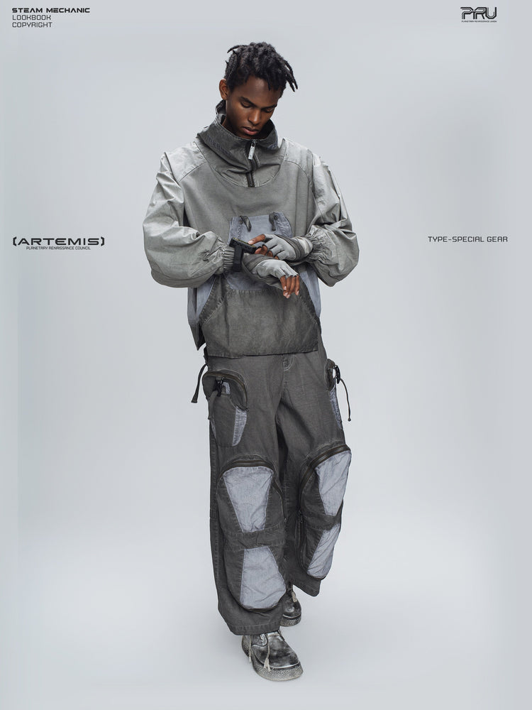PIONEER moon dust gray welded multi-pocket work pants — material and silhouette detail
