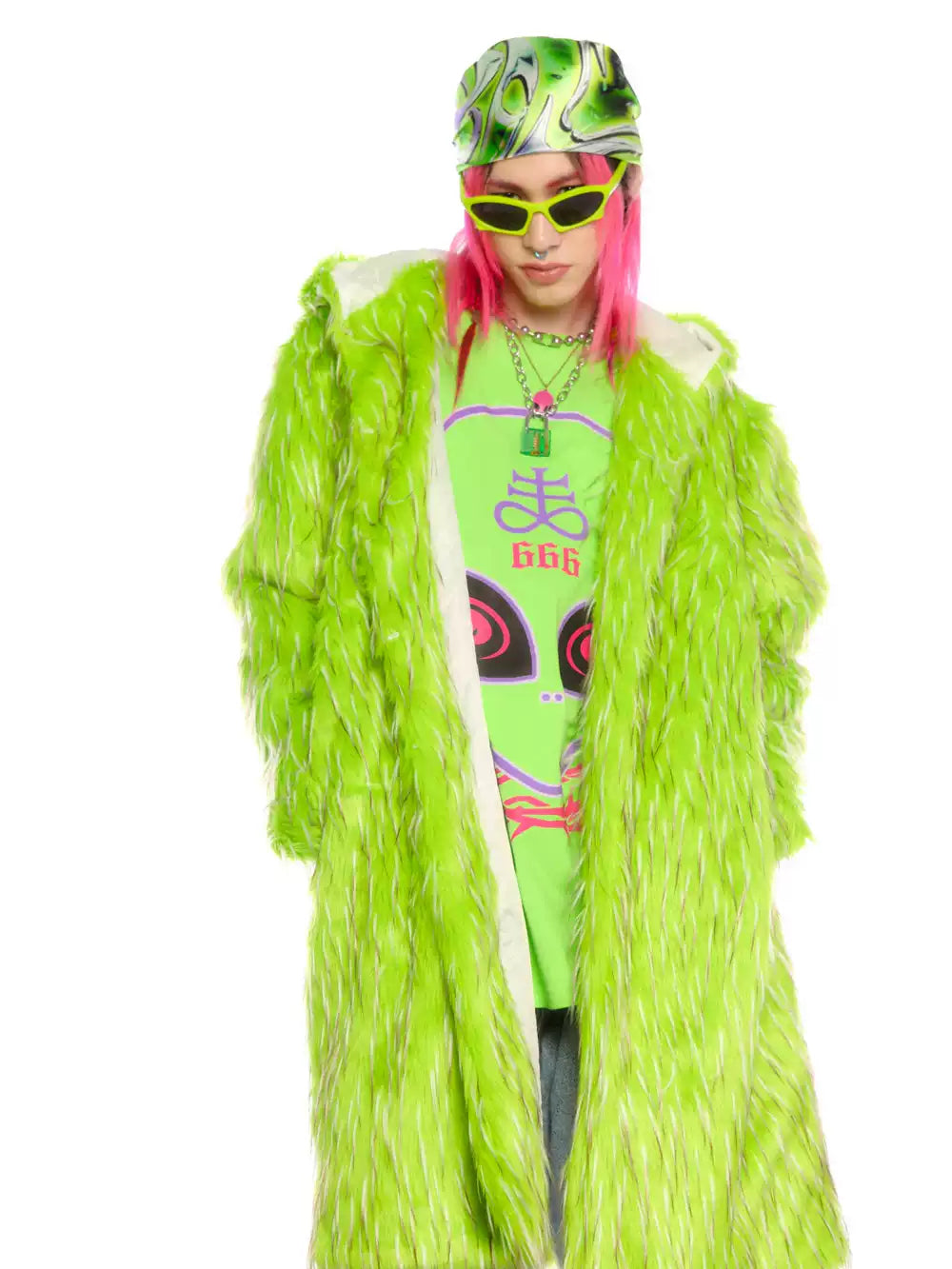 DEADENDKIDS ALIEN LIME long faux-fur hooded coat — rear or construction presentation