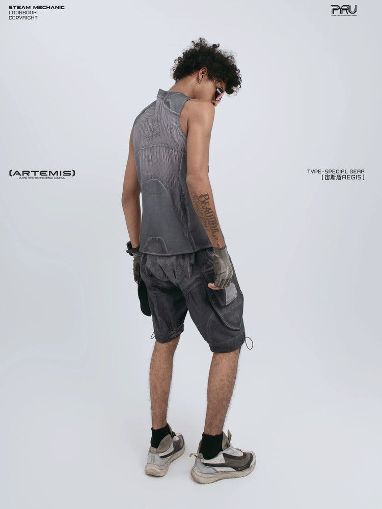 AEGIS stellar blue distressed mesh tank — material and silhouette detail