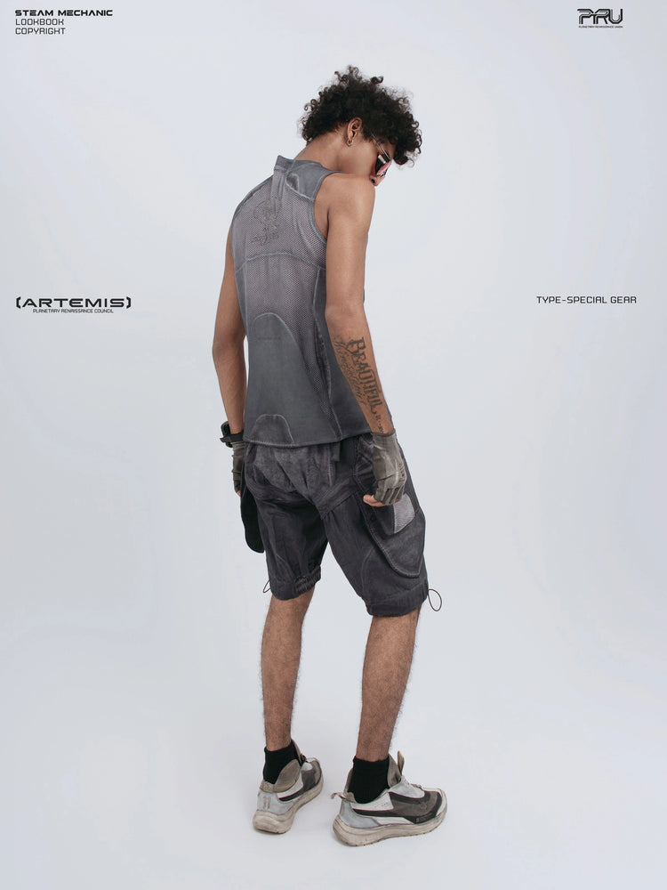 AEGIS stellar blue distressed mesh tank top — full-length rear three-quarter modeled view
