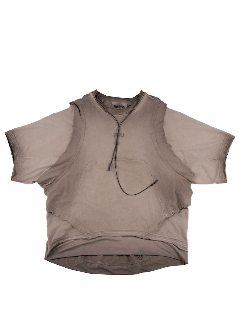 SUPERNOVA mercury brown convertible drawstring technical tee — mercury brown front flat-lay with sleeves extended, neck drawcord and layered hem