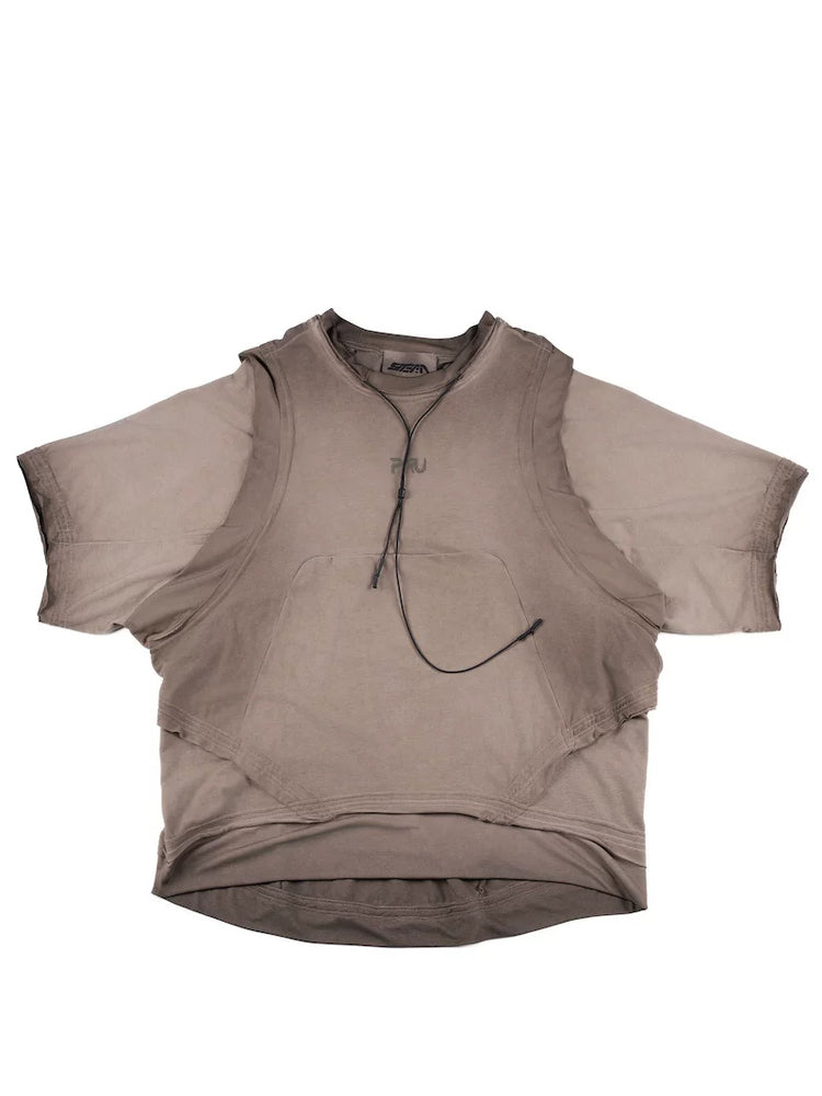 SUPERNOVA mercury brown convertible drawstring technical tee — mercury brown front flat-lay with sleeves extended, neck drawcord and layered hem
