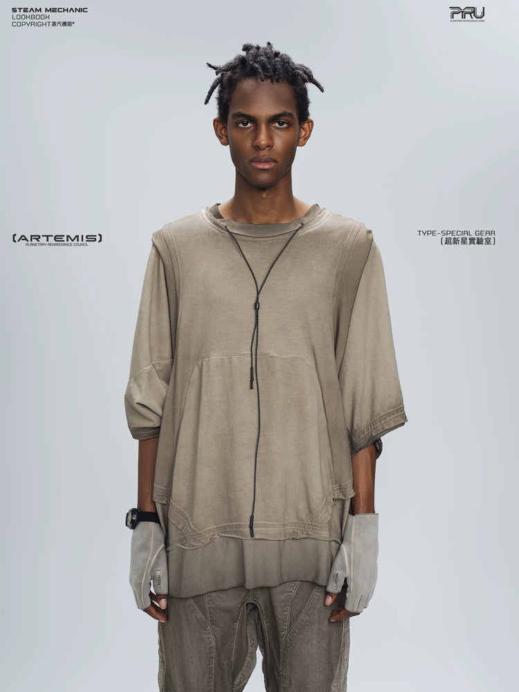 SUPERNOVA mercury brown convertible drawstring technical tee — front modeled product view