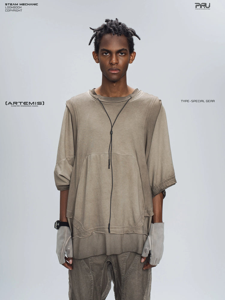 SUPERNOVA mercury brown convertible drawstring technical tee — front modeled view showing the neck drawcord and layered hem