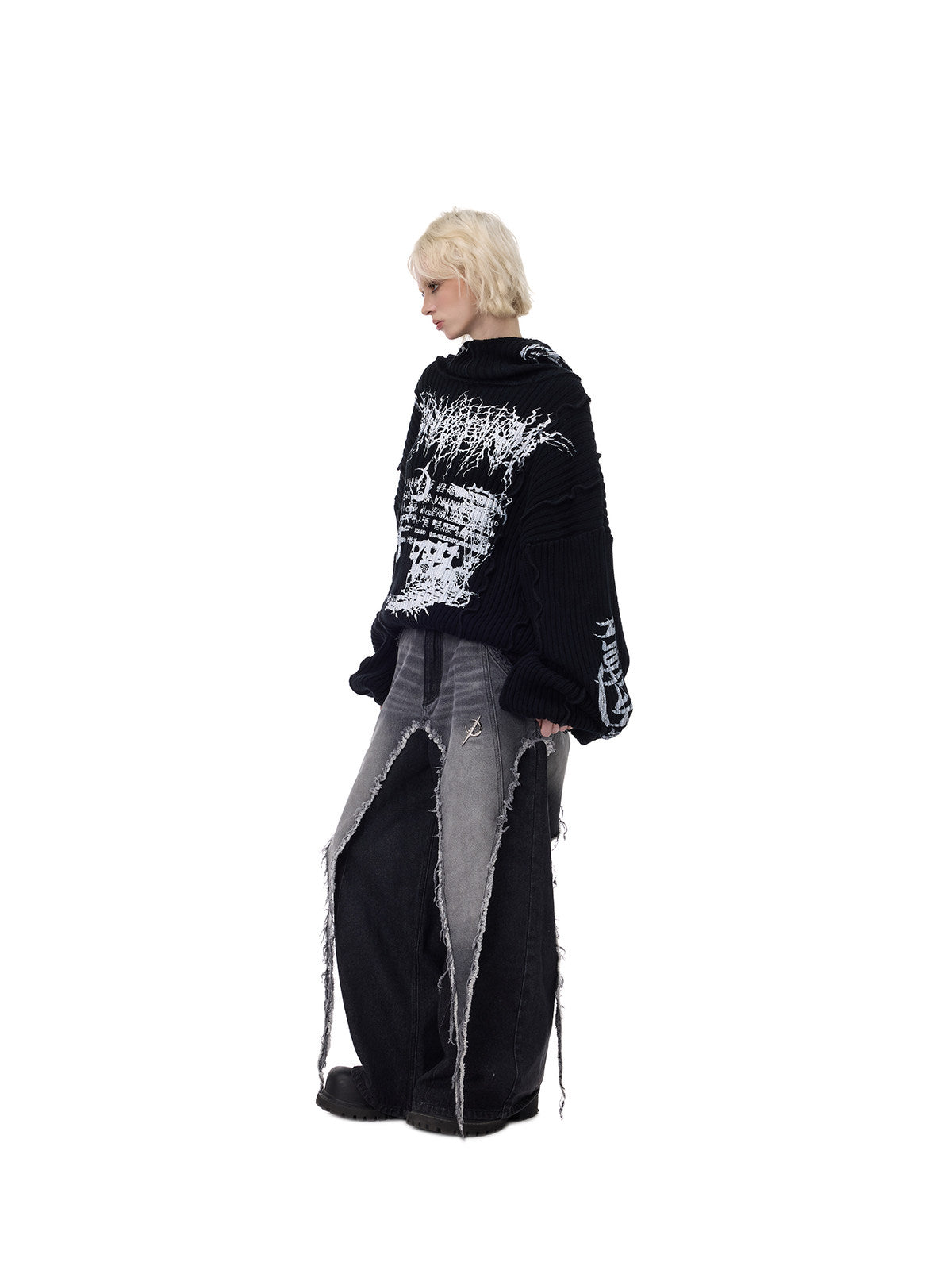 PINKSPINK THORN SIGNAL hooded graphic knit sweater — side full-length view with hood lowered