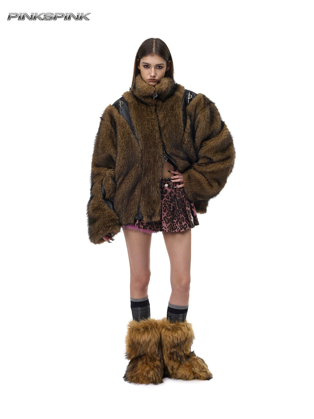 PINKSPINK ELECTRIC MOON paneled faux-fur jacket — front full-length styling with mini skirt