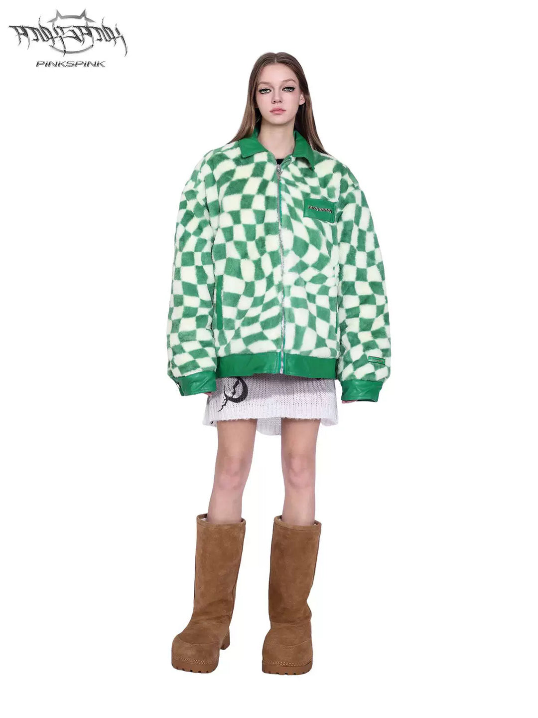 PINKSPINK WARPED checkerboard padded faux-fur jacket — green checkerboard jacket — full-length front modeled view