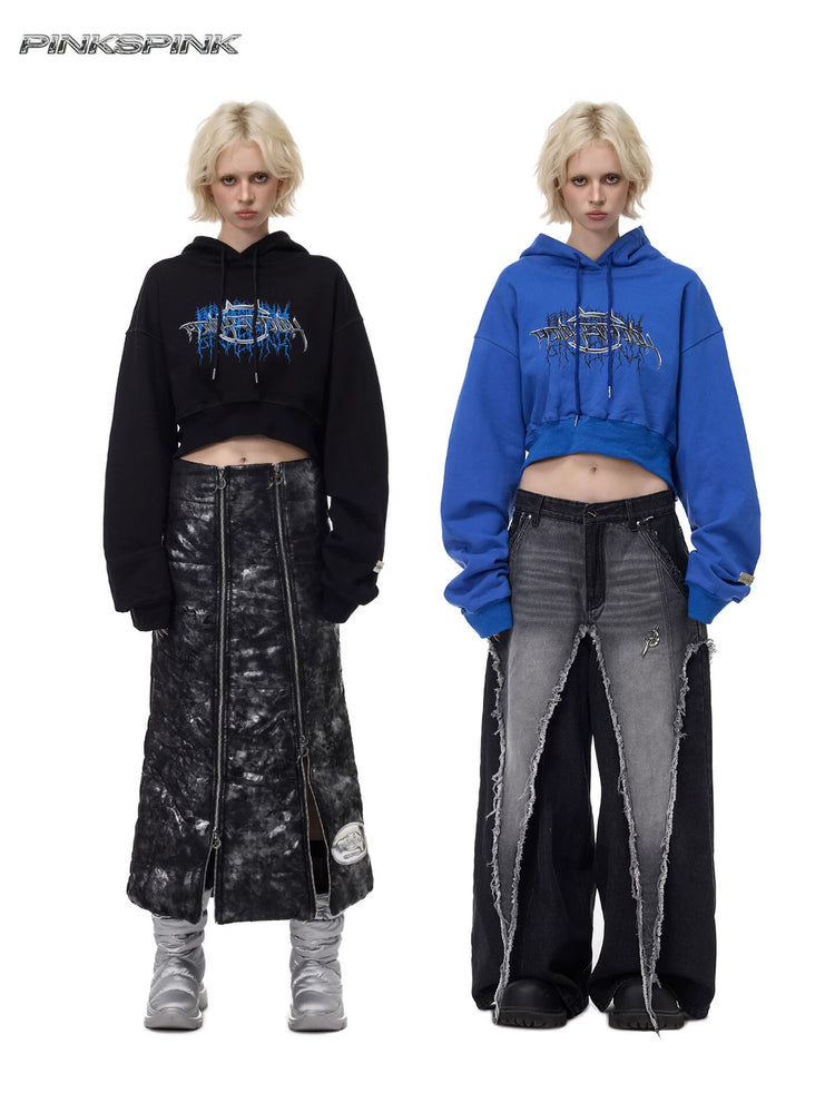 PINKSPINK THORN SIGNAL open-back cropped hoodie — black and Klein blue front modeled comparison