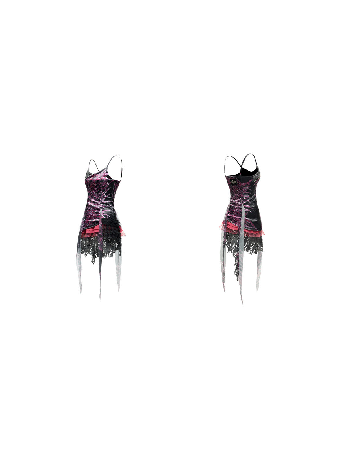 PINKSPINK NEON RIFT asymmetrical lace-trim mini dress — front and back garment-only views