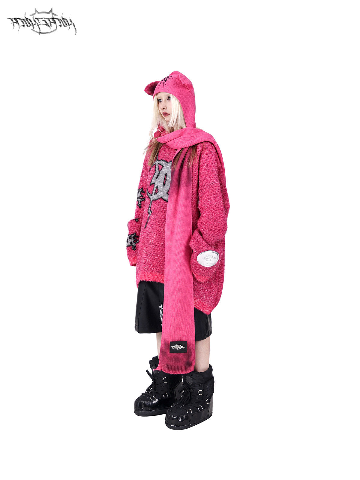 PINKSPINK SPHYNX cat-ear hooded scarf — modeled detail view of the garment construction