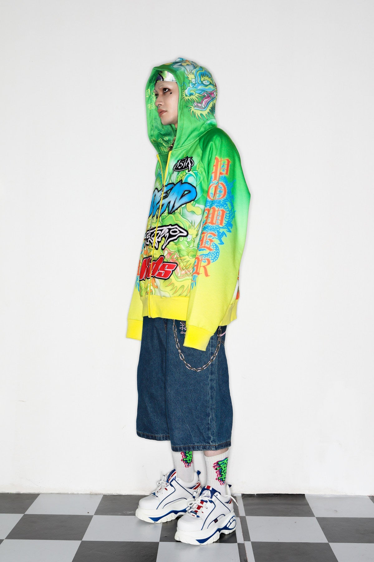 DEADENDKIDS DRAGON RIOT fleece zip hoodie — alternate modeled angle