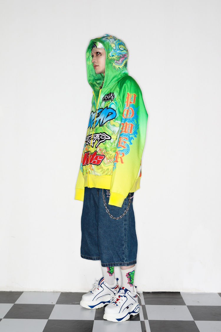 DEADENDKIDS DRAGON RIOT fleece zip hoodie — alternate modeled angle