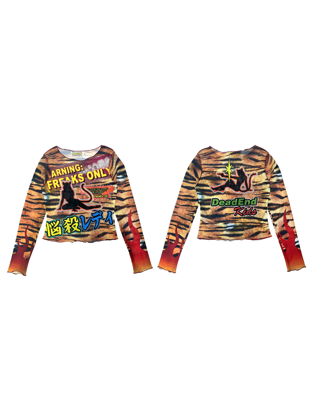 DEADENDKIDS GRAPHIC RIOT fitted mesh top — full-length modeled view