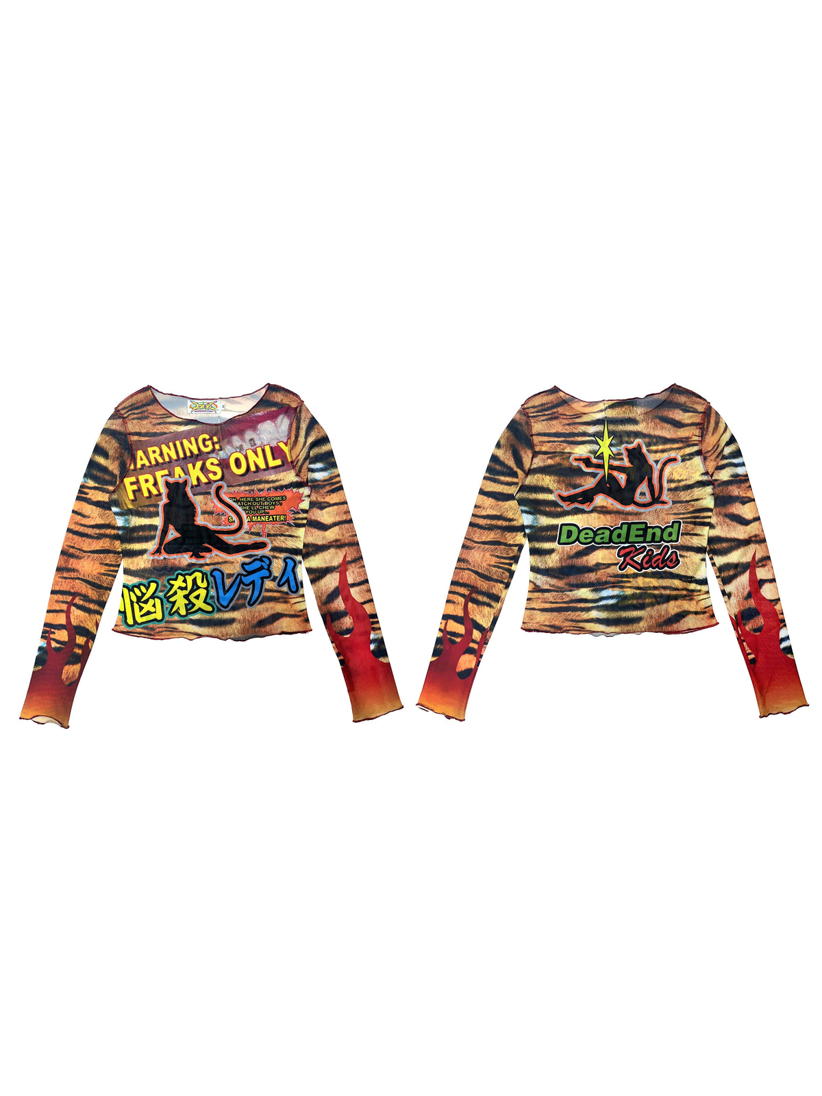 DEADENDKIDS GRAPHIC RIOT fitted mesh top — full-length modeled view