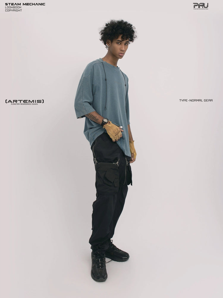 LIGHTSHADOW mycelium blue deconstructed technical tee — full-length angled front view with an alternate head angle