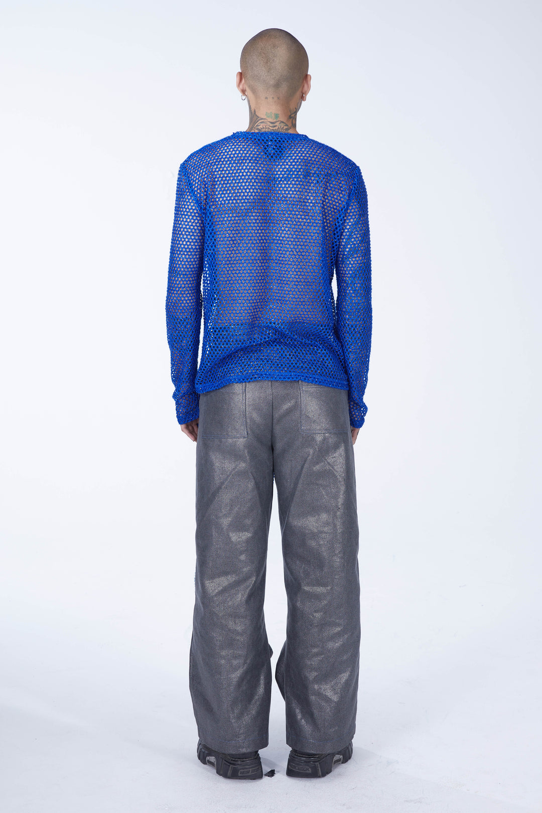 EMBRYO BLUE VOID cutout mesh finger-sleeve top — rear modeled view