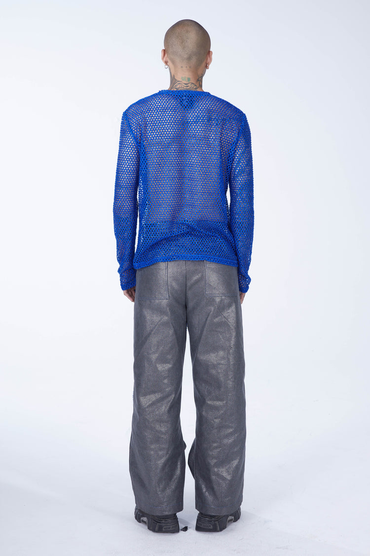 EMBRYO BLUE VOID cutout mesh finger-sleeve top — rear modeled view