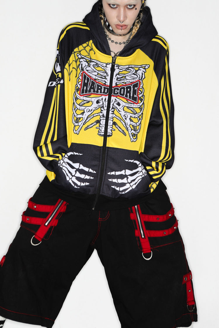 DeadEndKids Hardcore Generation skeleton zip-up hoodie — modeled front stance