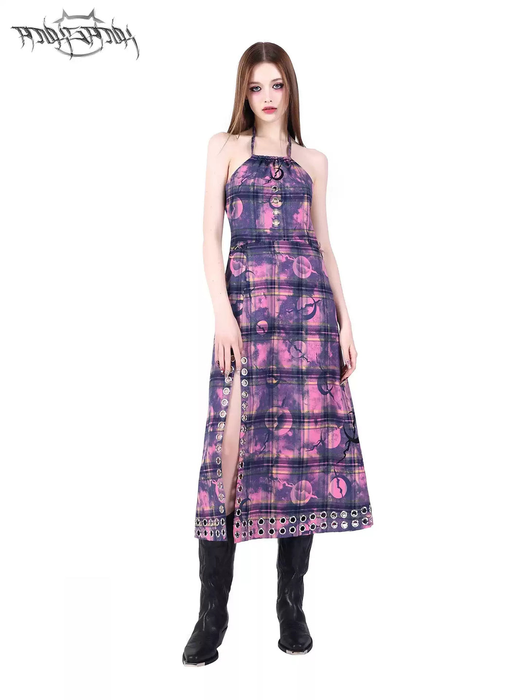 PINKSPINK WASTELAND eyelet plaid halter dress in pink purple — front modeled view showing the eyelet-edged slit and plaid print