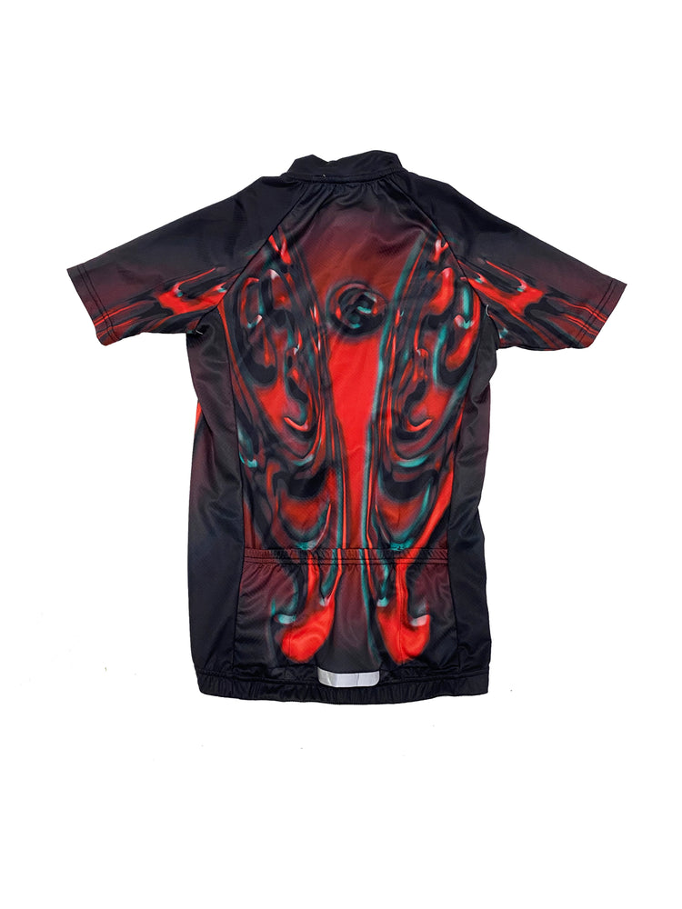 EMBRYO RED SIGNAL fitted cycling top — material and hardware detail