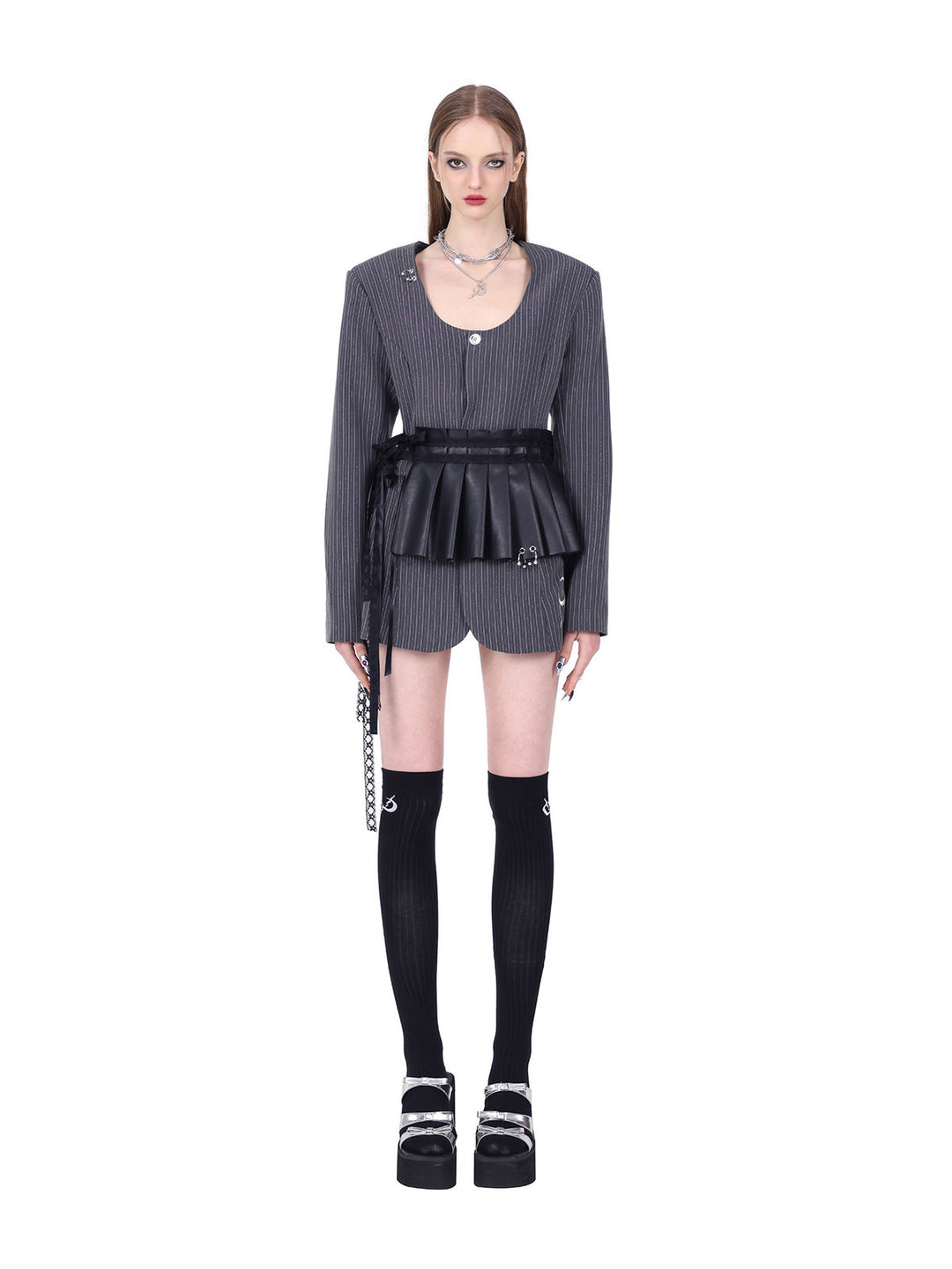 PINKSPINK ELECTRIC MOON pinstripe ring-detail blazer dress in gray pinstripe — full-length front modeled view with a black pleated waist accessory