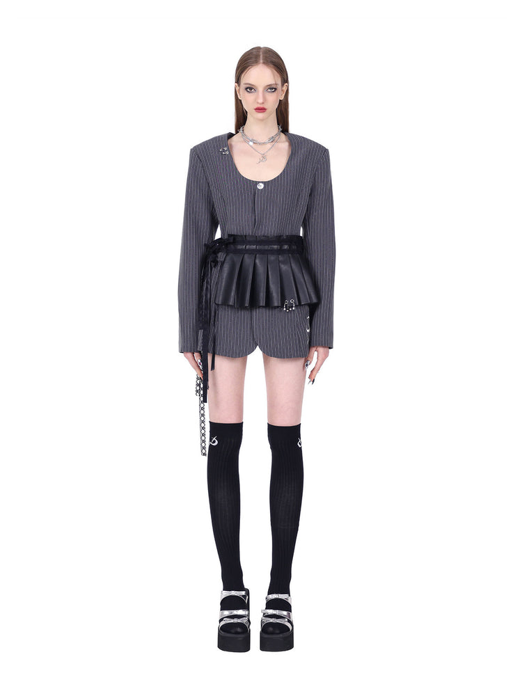 PINKSPINK ELECTRIC MOON pinstripe ring-detail blazer dress in gray pinstripe — full-length front modeled view with a black pleated waist accessory