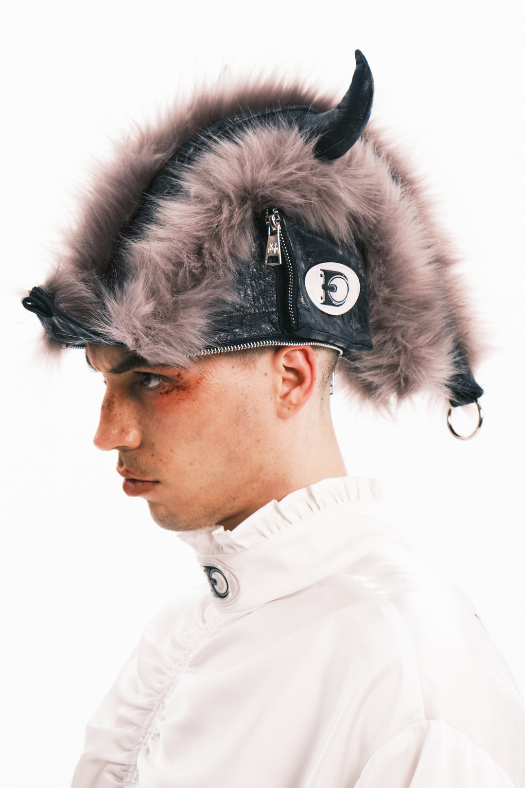 EMBRYO HORNFORM faux-fur hat & bag — rear modeled view