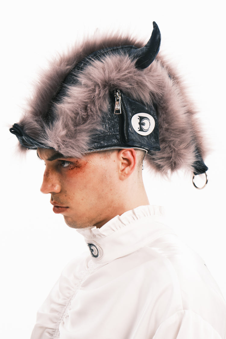 EMBRYO HORNFORM faux-fur hat & bag — rear modeled view