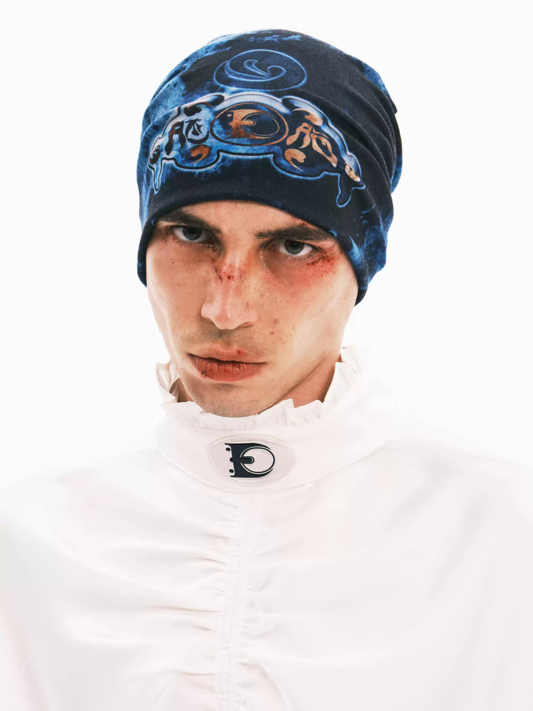 EMBRYO ANCIENT CODE graphic slouch beanie — rear or construction presentation