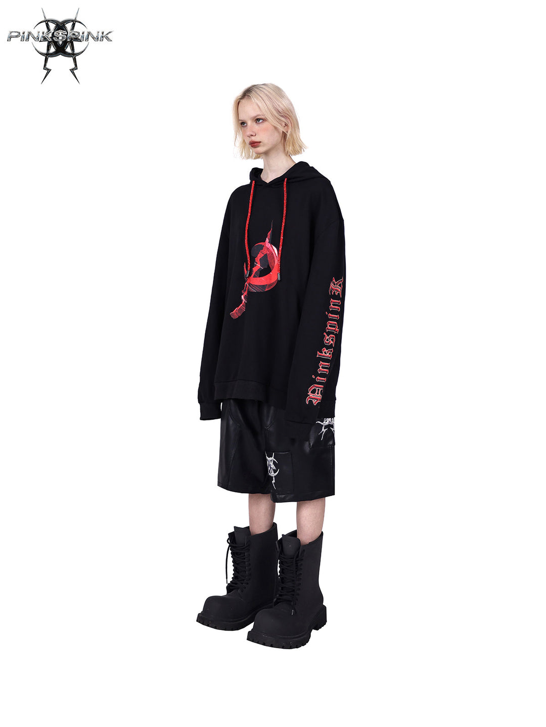 PINKSPINK MIRROR rhinestone-drawcord oversized hoodie — side full-length modeled view in black